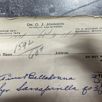 A vintage prescription slip from Dr. O.J. Johnson, showing handwritten notes and numbers. The aged paper evokes a nostalgic, historical feel.