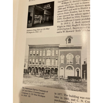 Historic photograph and text showing a 19th-century American Express building and a 1958 drug store. The tone is nostalgic and informative.