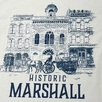 Vintage-style illustration of a historic brick building in Marshall with a clock tower. A horse-drawn carriage is in front. Text reads "Historic Marshall."